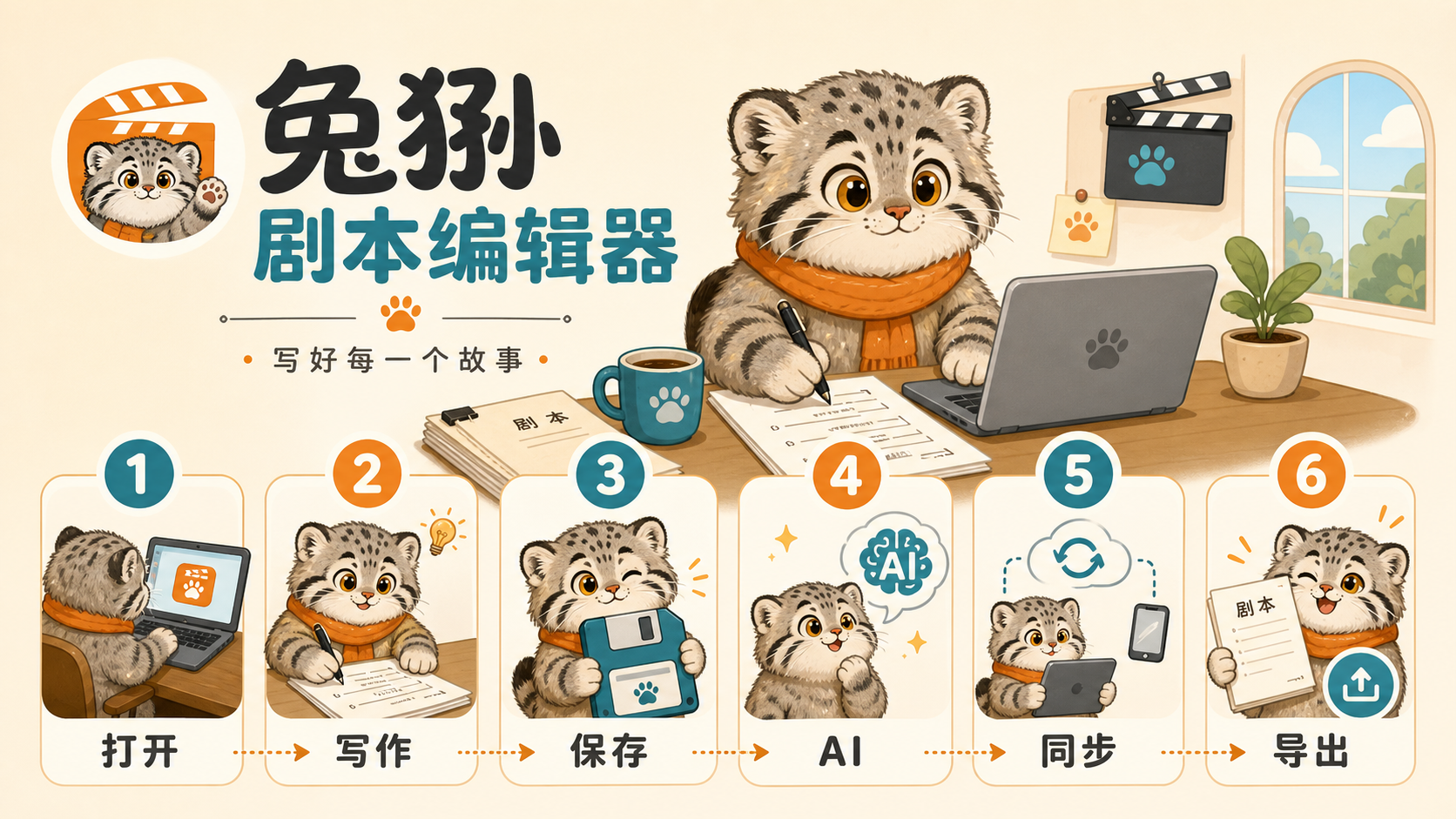 兔狲剧本编辑器六步使用流程：打开、写作、保存、AI、同步、导出